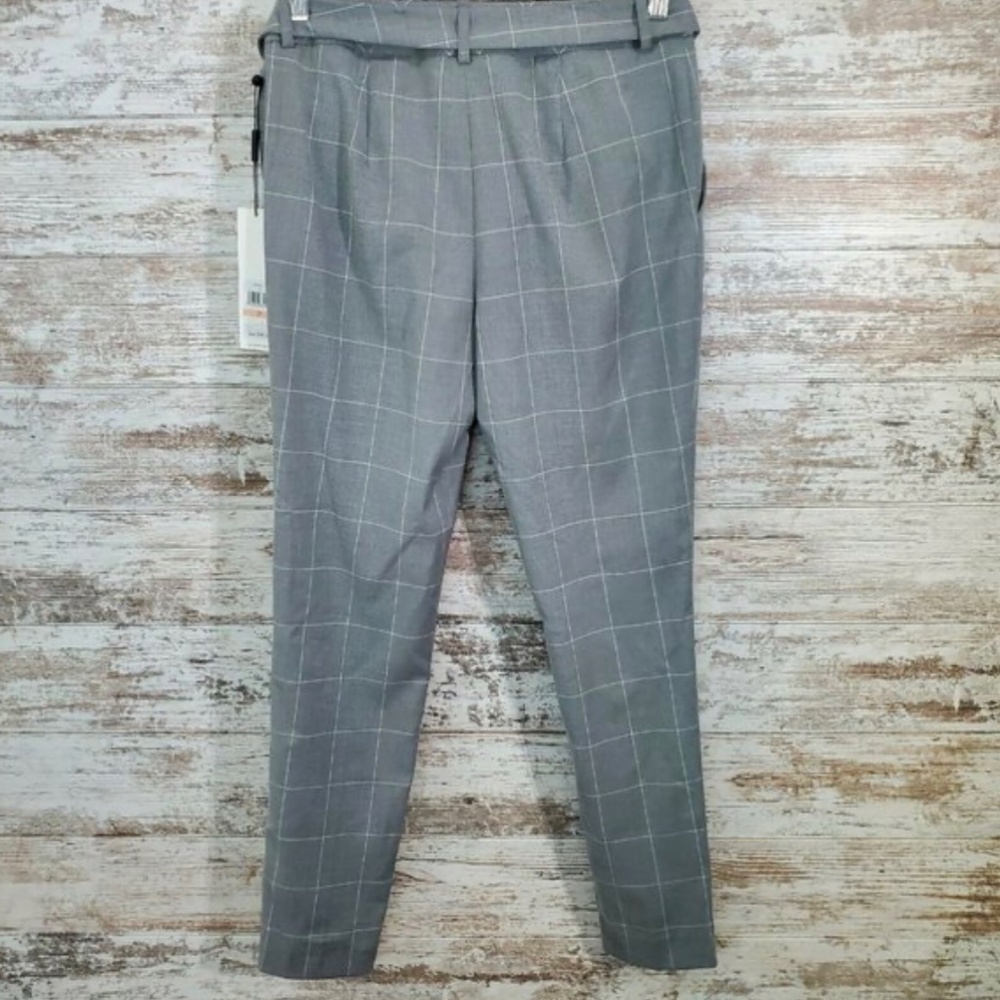 CALVIN KLEIN Grey Windowpane Belted Dress Pant